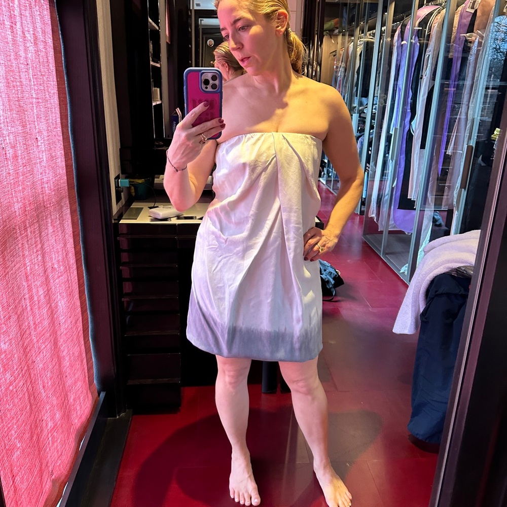 Chic Draped Strapless 100% Silk Dress in Ombré White and Blue